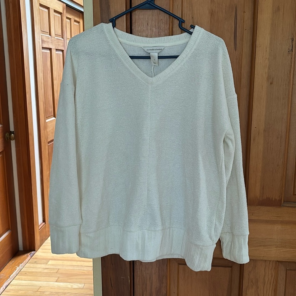 Christopher & Banks V-neck Velour Pullover Sweater SzM White